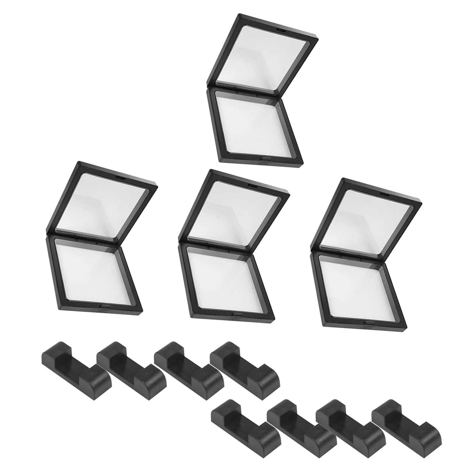 

Clear Display Frames Set Floating Jewelry Holder Dustproof Box Black 4 Boxes 8 Bases Organizer Storage Case Necklace Ring