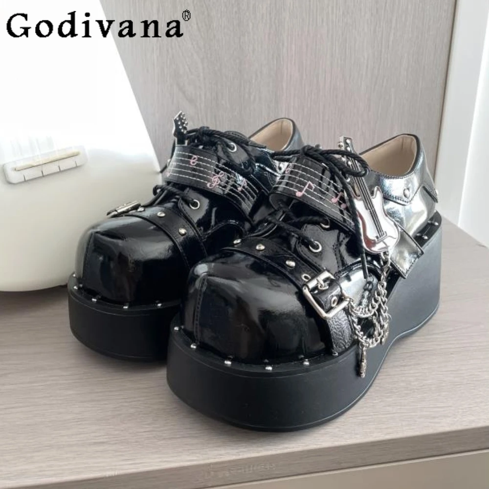 

Women Heels Lolita Shoes Platform Casual Bow Round Toe Chain Leather Shoe Elegant High Heels Women