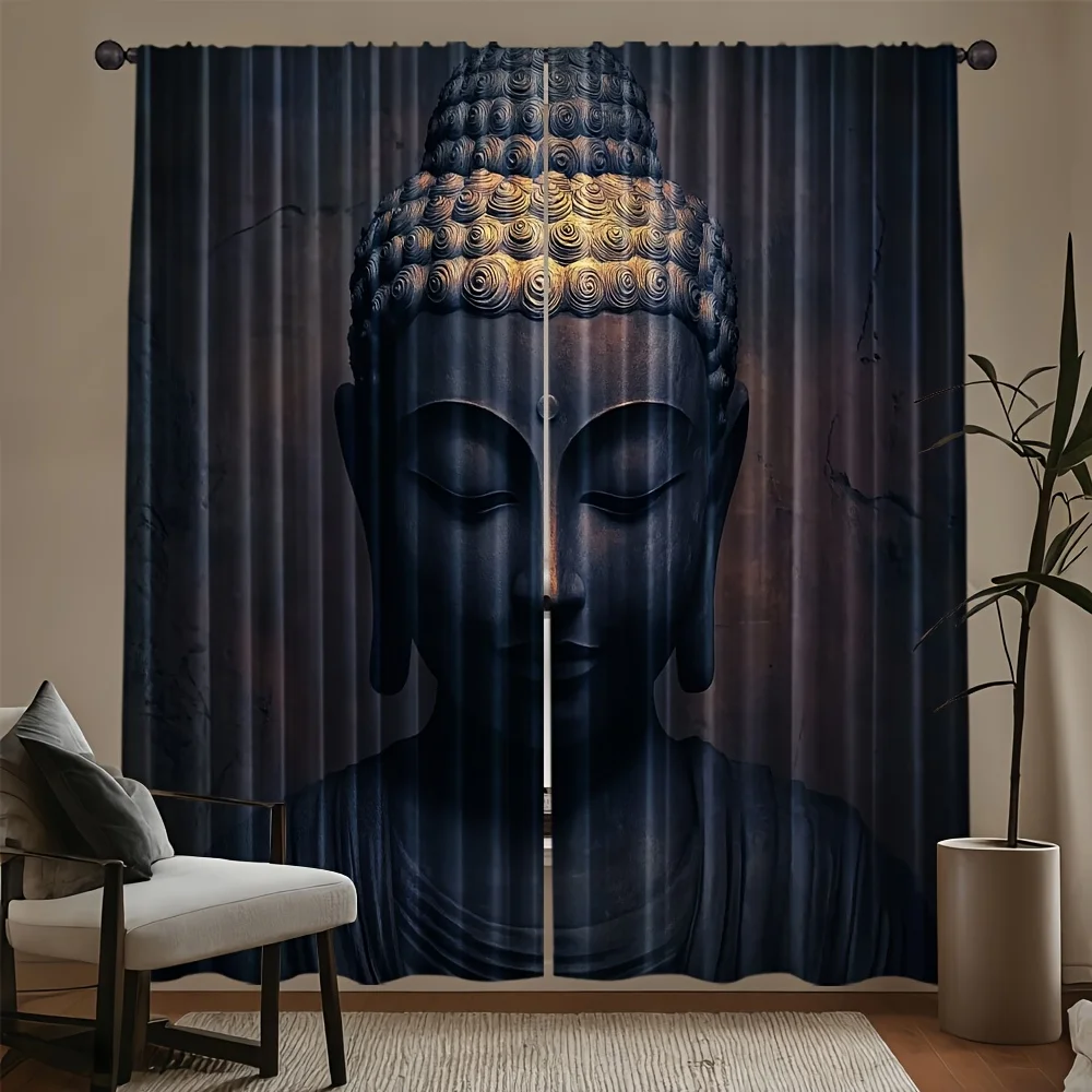 Buddha Meditation Curtain Dark Background Buddhist Window Tissue Modern Spiritual Home Decor (Without Rod), Modern Style Design