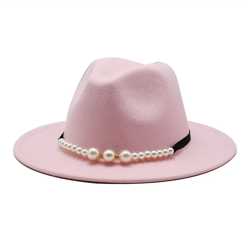 Fedora Hat British Classic Flat Brimmed Cap European And American Broad Brimmed Hat Fashion Top Hat Pearl Bow