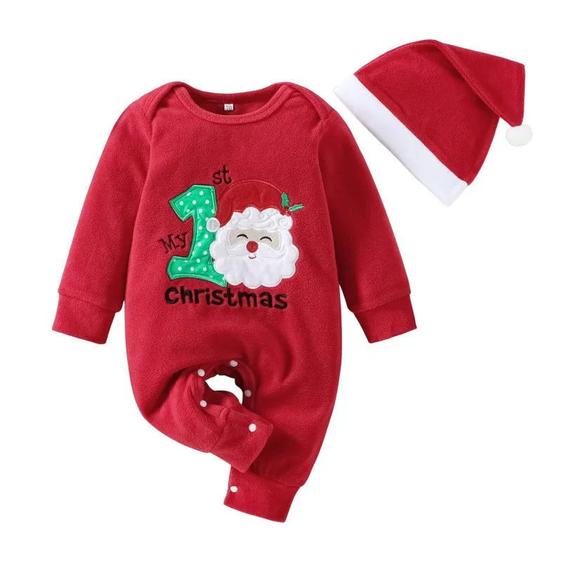 Christmas Baby Clothing Cozy Polar Fleece Romper in Festive Red Kids Long Sleeve Christmas Party Santa Bodysuit with A Free Hat