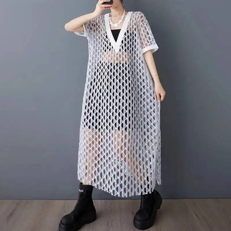 #6754 Black White Hollow Out Perspective Long Dress Women V-neck Sexy Streetwear Hip Hop A-line Dress Short Sleeve Loose Summer