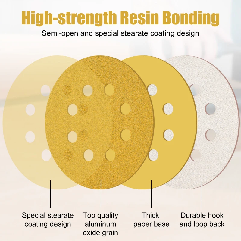100Pcs 5 Inch 8 Hole Sanding Discs, Hook and Loop Yellow Sandpaper 125mm Aluminum Oxide for Wood Metal Polishing Grinding
