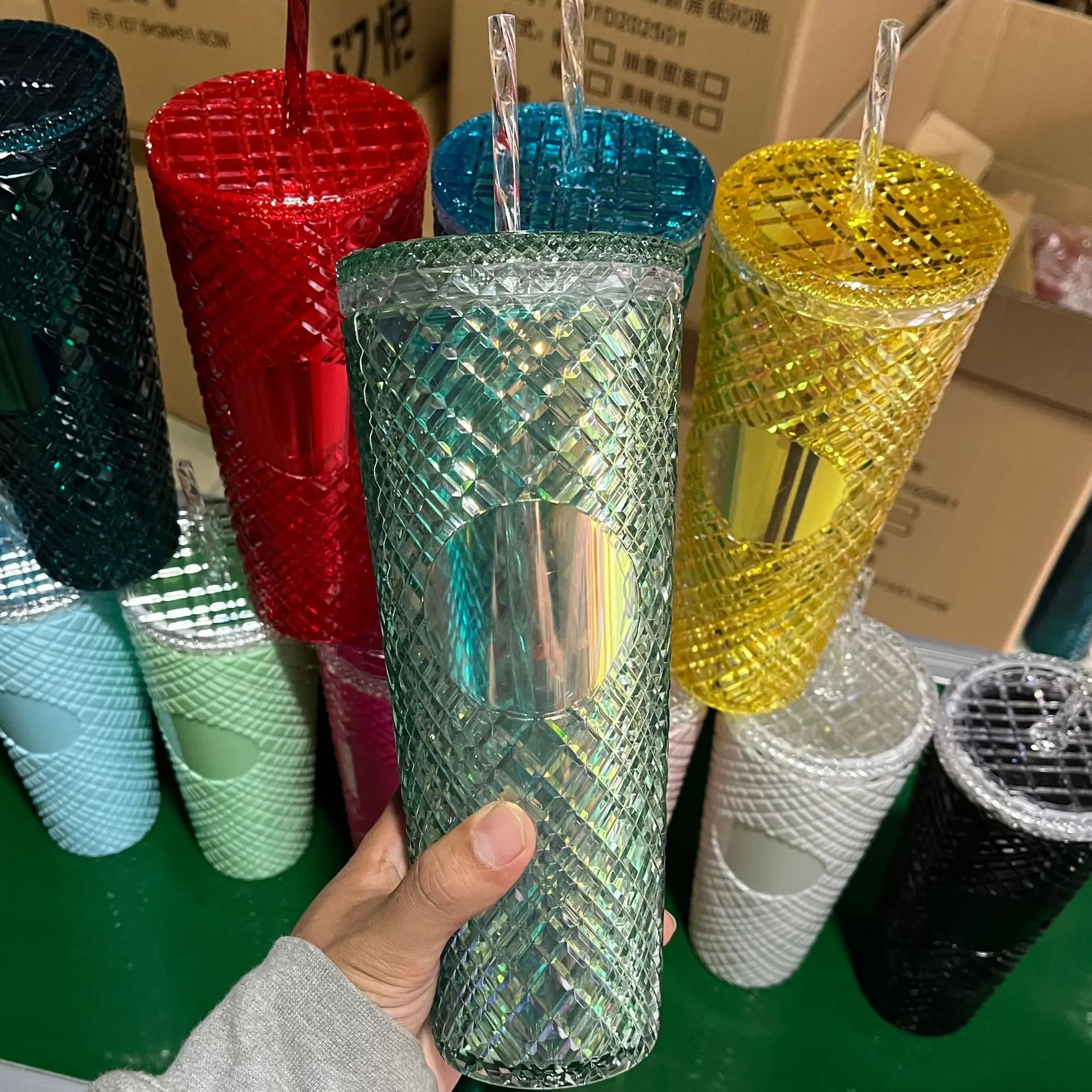 Diamond Radiant Straw Cup With Lid 701-800ml Summer Cold Water Cup Tumbler With Straw Double Layer Plastic Durian Coffee Mug