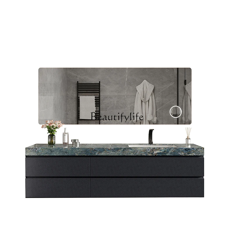 

Customized rock slab bathroom cabinet combination integrated basin solid wood washstand