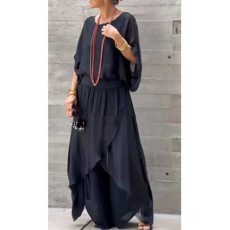 

Весенне-зимний повседневный однотонный комплект из двух предметов, модные топы с круглым вырезом и половиной рукавов, нерегулярные широкие брюки, свободный костюм, женский наряд