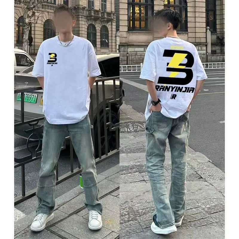 

Short-sleeved T-shirt for women American retro all-match loose Maillard top heavy cotton national trend new trend letters tops