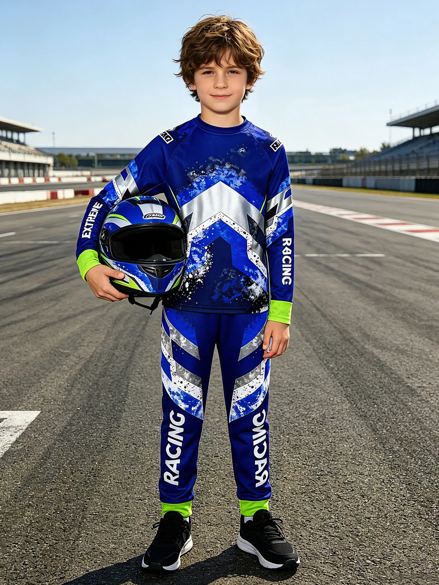 Boys Off Road Motocross Jersey Pants Combo Long Sleeve Round Neck Letter Graphic Print Protective Gear Lightweight Quick Dry