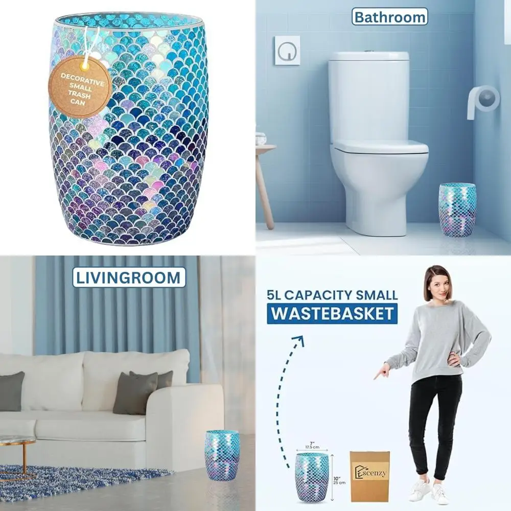

Mosaic Glass Bathroom Trash Can 5L - Decorative Small Waste Bin for Restroom Luxury Garbage Can 7x10 Inches
