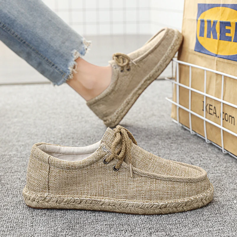 The Latest Oversized Linen Canvas Shoes, Flat Bottomed Casual Driving Shoes,2024 men\'s Versatile Lace Up Lightweight Flat Shoes