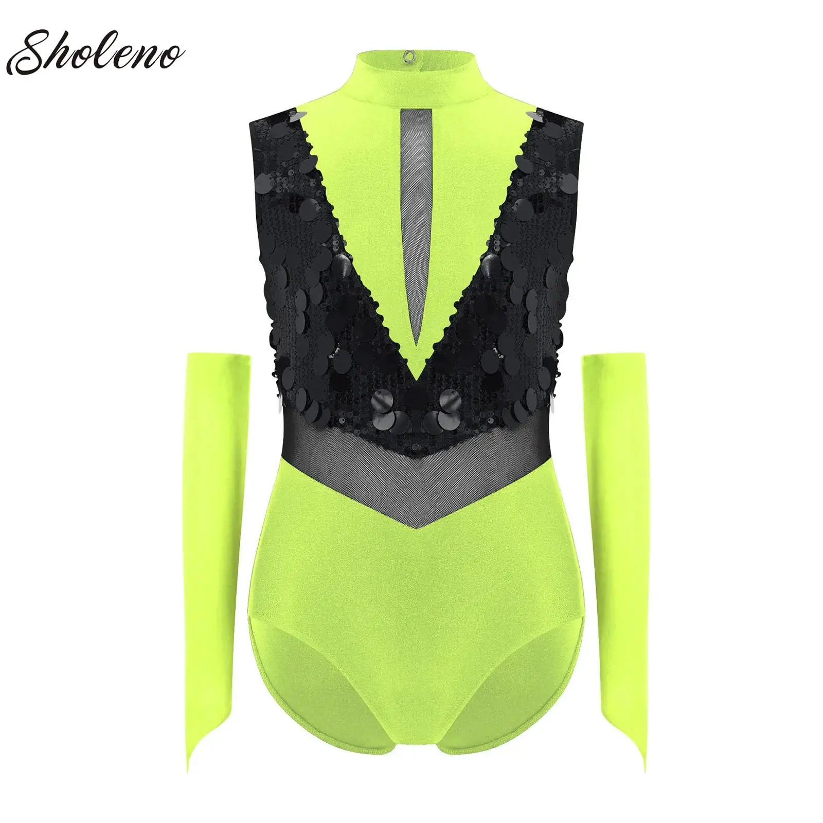 

Kids Girls Ballet Dance Leotard Figure Skating Gymnastics Jersey Unitard Sleeveless Sparkling Sequins Bodysuit with Gloves