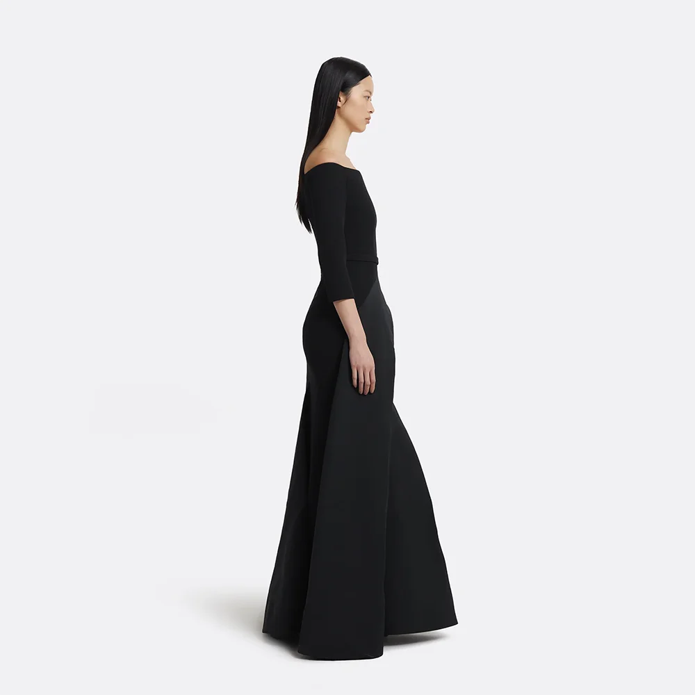 Schwarzes Abendkleid, maßgeschneidert, schulterfrei, 3/4-Ärmel, Abendkleider für Damen, 2022, A-Linie, Oberschenkelschlitz, lange Ballkleider