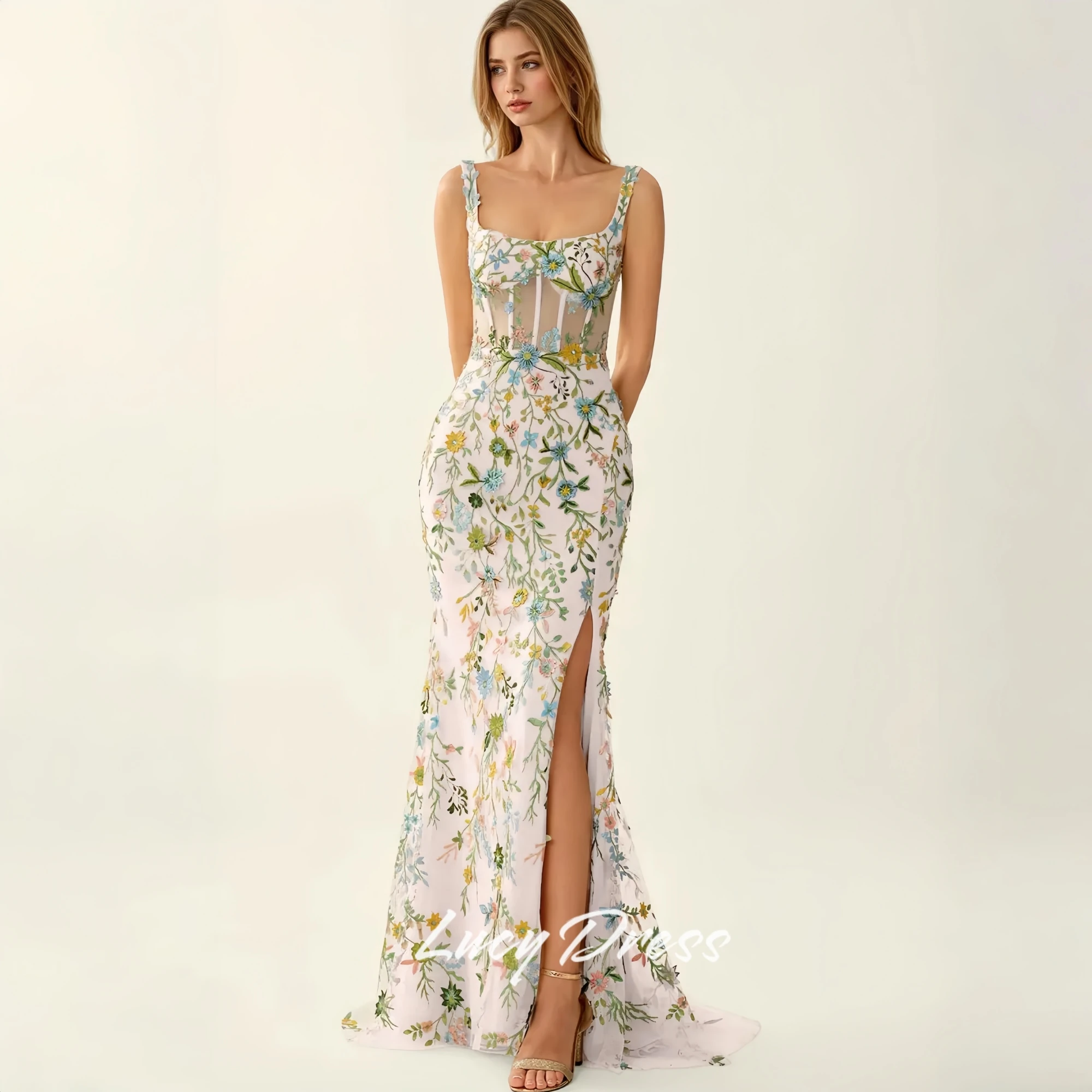 Lucy Maßgeschneiderte Damen-Hochzeitskleidung, Geburtstagskleid, Damen-Abendkleid, Brautkleid, Meerjungfrauen-Hochzeitskleid, Blumenstoff