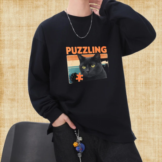

T shirt for men autumn Solid color Football Long sleeves Graphic tee Puzzling Cat Oversize Sportswear man Printed t shirt Luxury
