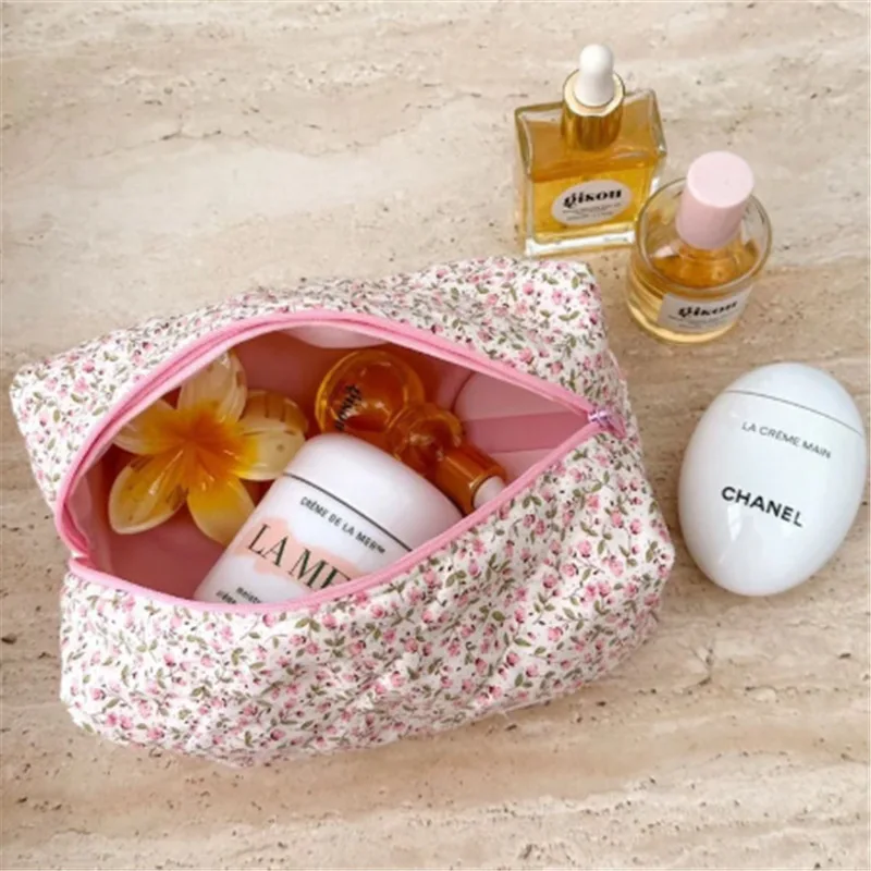 Pink floral cosmetic bag travel skin care product storage zipper bag portable storage soft bag