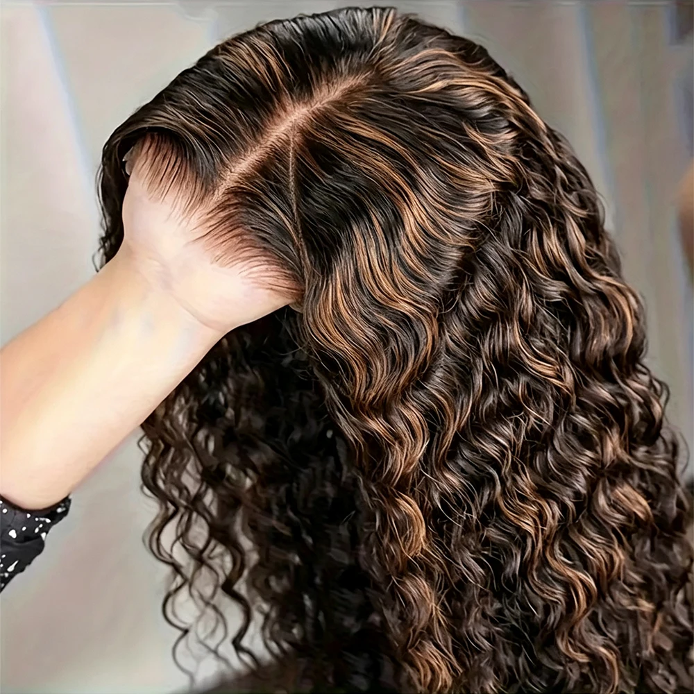 P1B/30 Highlight Honey Brown Curly Lace Front Human Hair Wigs 30 Inch 5x5 Ombre Colored Deep Wave Glueless Lace Frontal Wigs For Women 