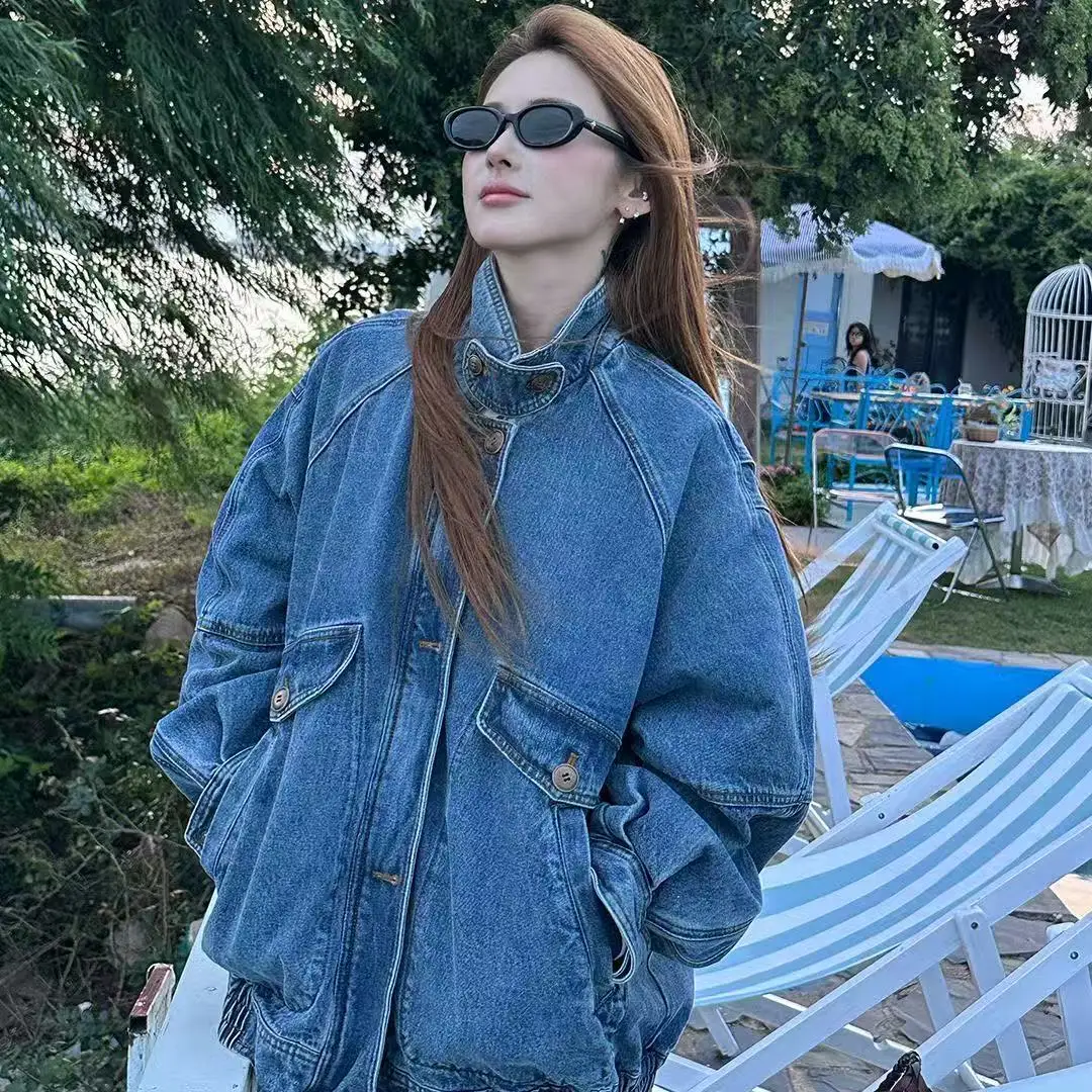 

American High-End Denim Jacket For Women'S Autumn New Collection, Retro Stand Up Collar Design, Loose Workwear Jacket