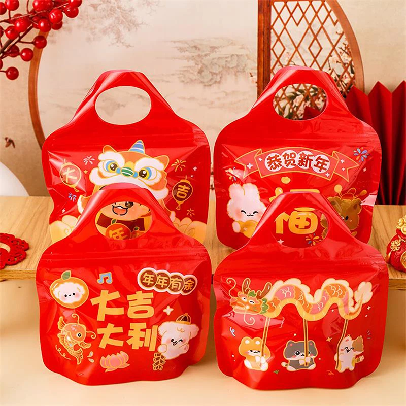 4 Styles/Set New Year Red Gift Bag Candy Chocolate Cookie Nougat Biscuit Packing Ziplock Bag Cute Lucky Spring Festival Gift Bag