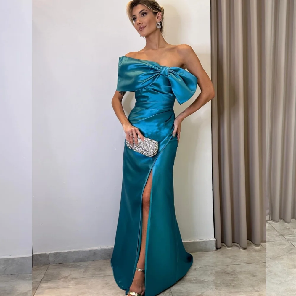 Fashion Formal Satin Pleat Ruched Draped Bow Mermaid One-shoulder Long Dresses Quinceanera Dresses High Quality Pastrol Classic