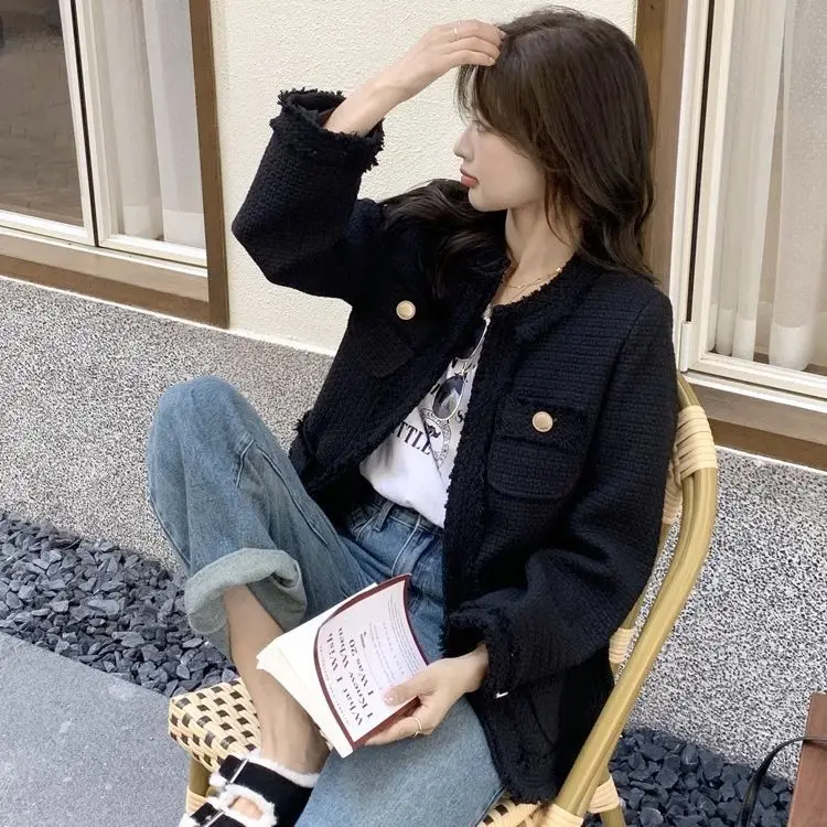Jaqueta de Tweed Feminina Leve para Primavera, Estilo Coreano Popular para Estudantes Universitárias e Adolescentes, Estilo Preppy para o Dia a Dia e Escola