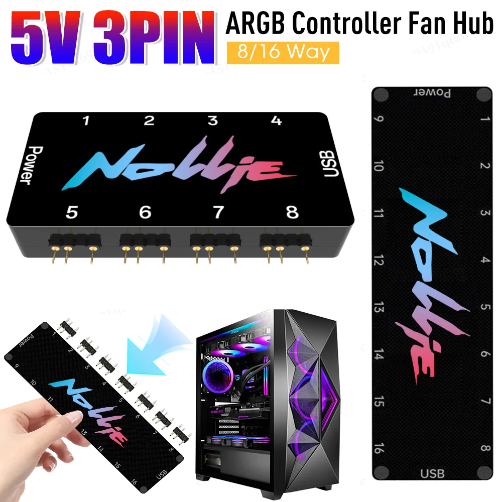 

5V 3Pin ARGB Fan HUB Controller Support SignalRGB OpenRGB ARGB Fan Hub SATA Power 8/16 Way for Extended Motherboard Interface