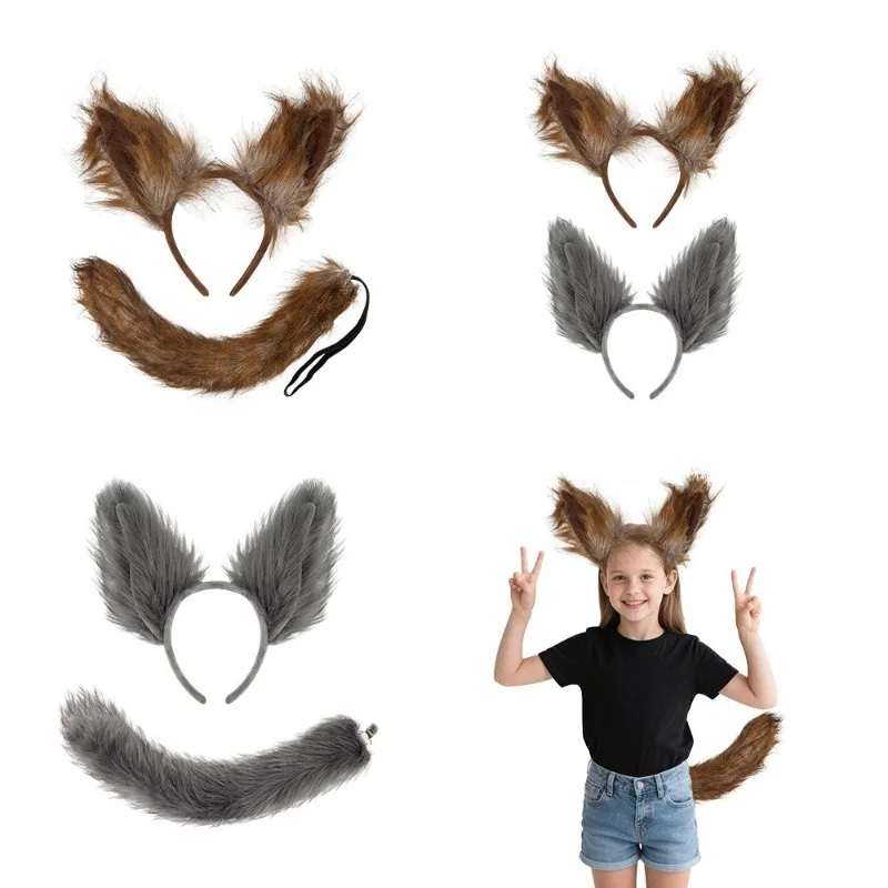 Handmade Animal Faux Fur Ear Headband Tail Gradient Plush Animal Headband Anime Fancy Dress Party Cosplay Costume Hair2-pieceSet