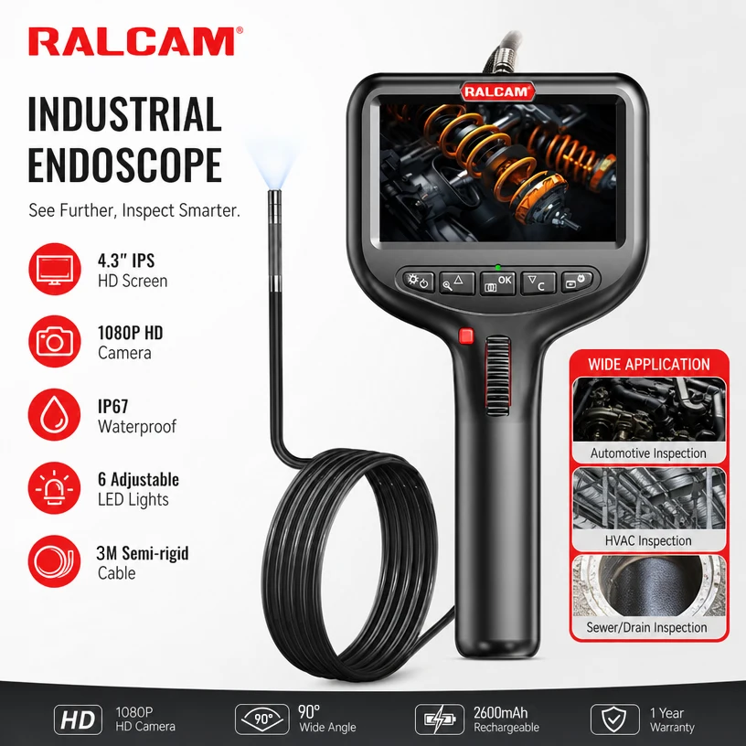 Industrial Endoscope with 4.3‑Inch Screen, Bidirectional 360° Rotation Borescope Inspection Camera