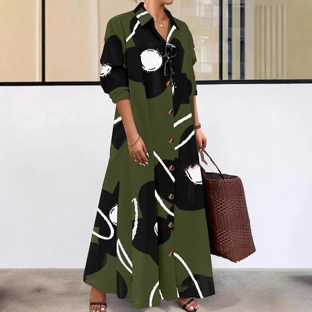 وصل حديثًا ربيع 2025 فستان طويل الأكمام مطبوع فضفاض أنيق بصدر واحد متعدد الأزرار #3