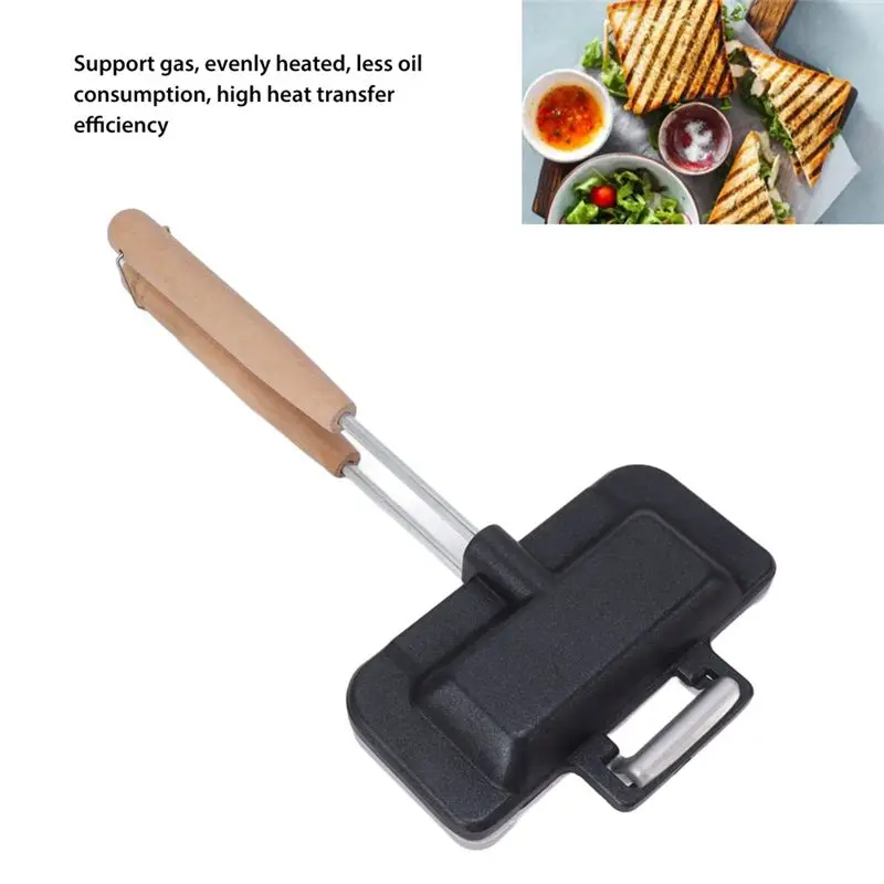X10A Double Sided Frying Pan, Sandwich Baking Pan Pancake Pan Breakfast Sandwich Maker with Removable Wood Handle