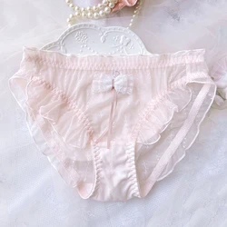 Sexy Mesh Transparent Ruffles Bow Cute Lovely Sweety Women's Underwear Princess Lolita Breathable Elasticity Panties Breifs