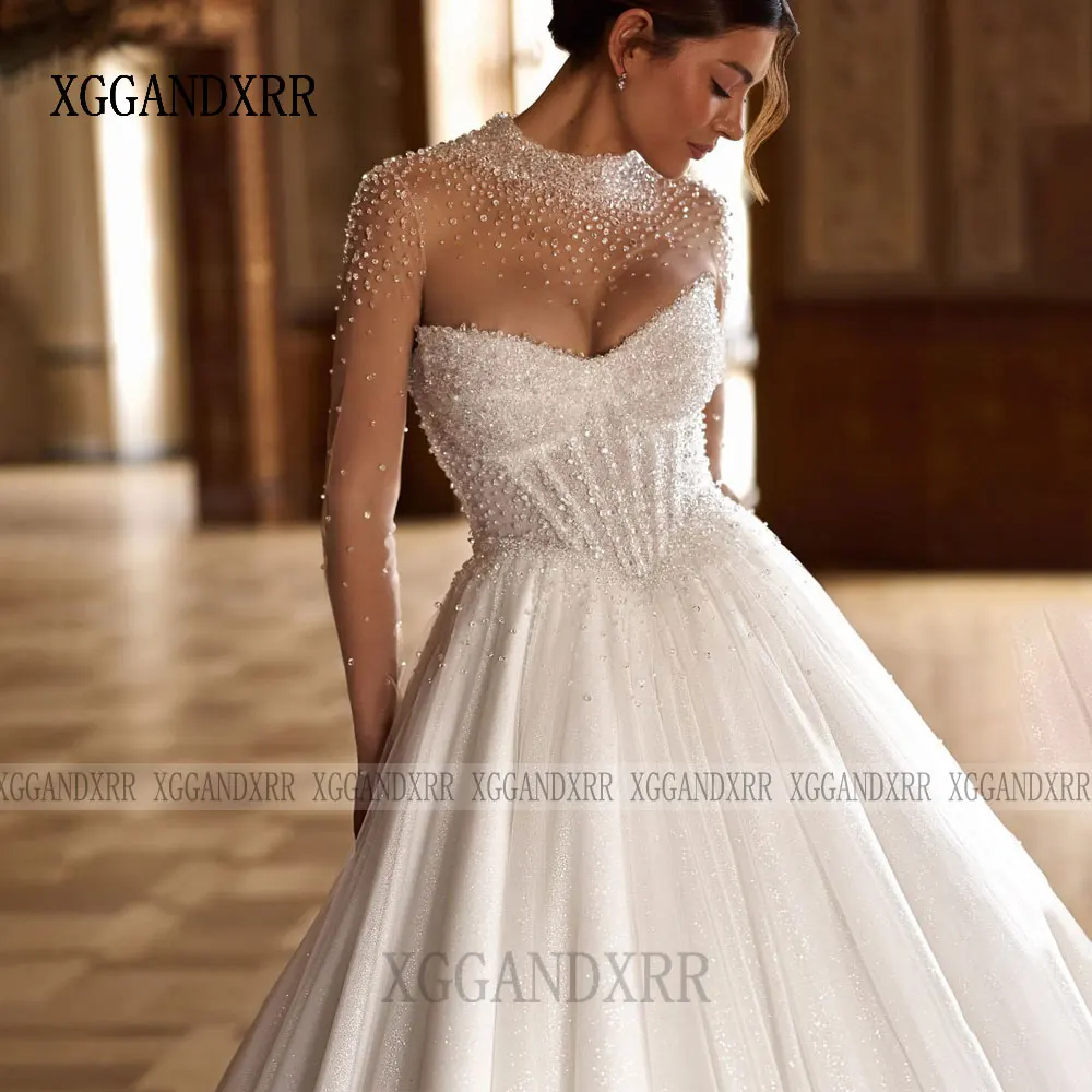 تخصيص ألف خط طويل الأكمام تول فستان الزفاف 2026 فاخر بدون حمالات الديكور الترتر فستان زفاف انفصال سترة العروس ثوب #6