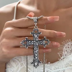 Vintage Gothic Cross Pendant Necklace Large Fashion Women's Long Necklaces 2023 Stainless Steel Chain Jewelry Goth Accessories