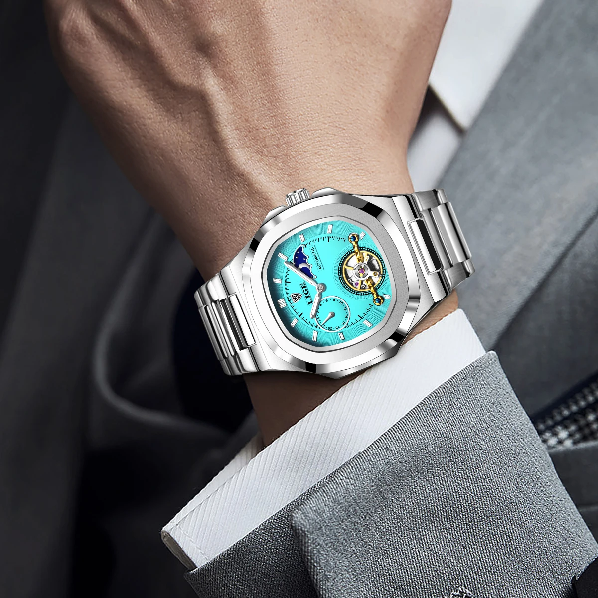 LIGE Dual Seconds Tourbillon Watch 24 Hour Mechanical Watch Men Stainless Steel Authentic Watch Night Glow Waterproof Mens Watch