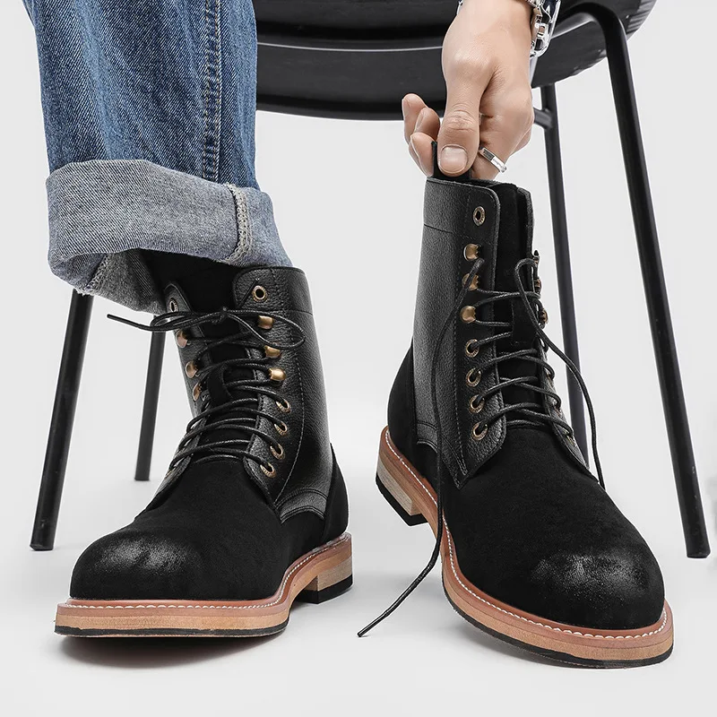 British style men casual natural leather boots lace-up black brown shoes outdoors cowboy tooling work boot trendy ankle botas