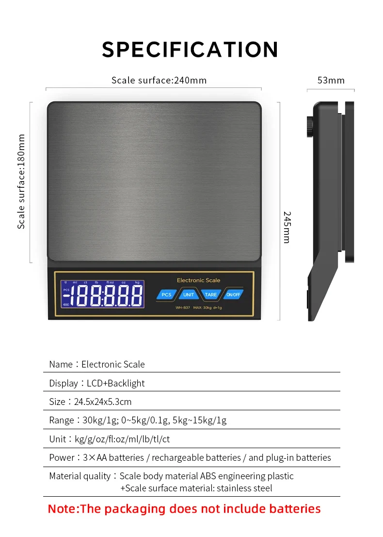 WH-B37C Präzisions-LCD-Digitalwaage 30kg/1g Wiederaufladbare Elektronische Haushaltswaage für Backen und Gesundes Kochen – Detail 7