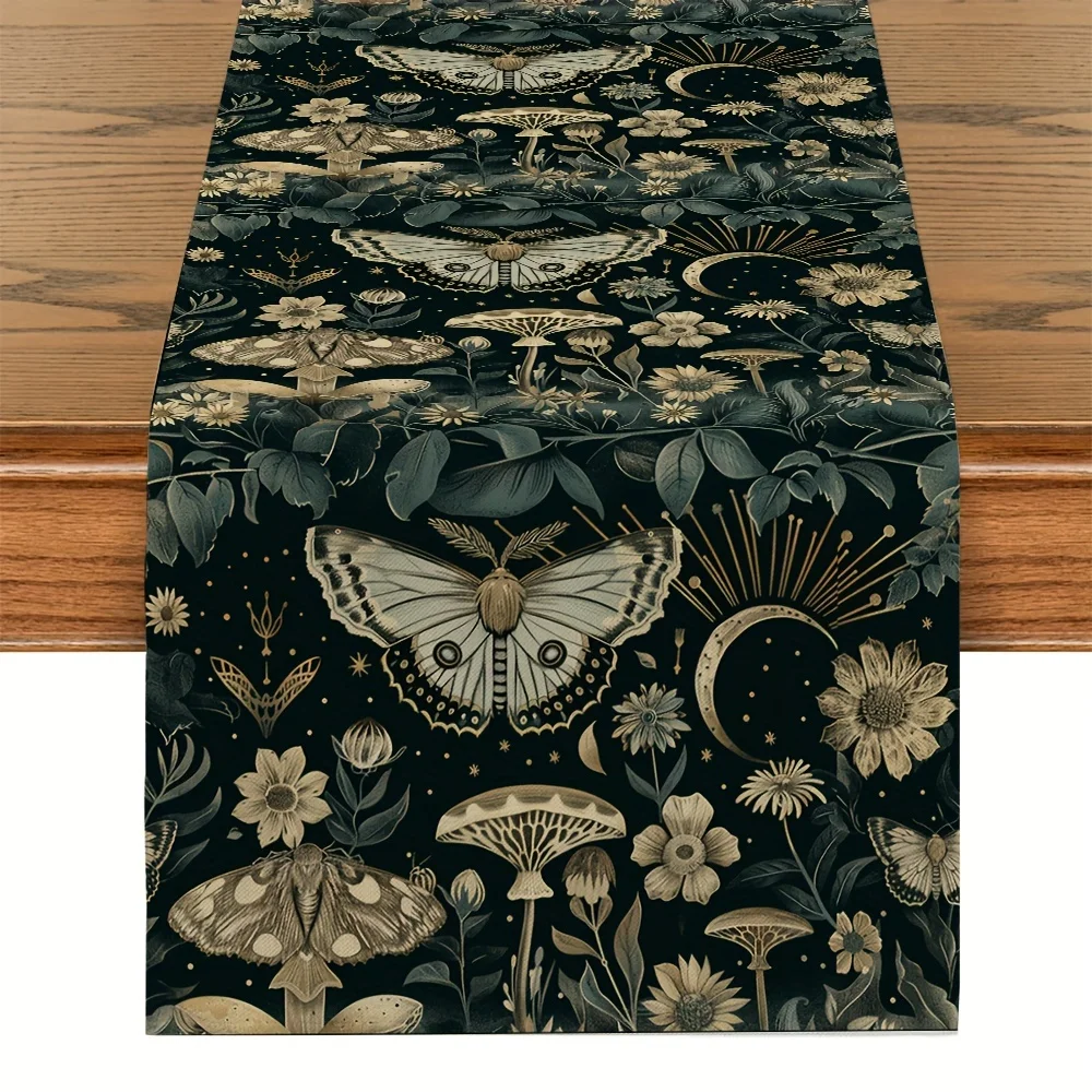 1 Stück Moth Moon Mushroom Tischläufer, einseitig, 2D-Druck, Polyester, Dekoration für Esszimmer, Küche, Zuhause, Hexen-Ästhetik-Atmosphäre