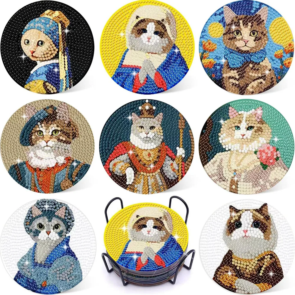 

8Pcs Diamond Paintings Coasters Kits Set With Holder, Cat Diamond Art Coaster, Crafts DIY Funny Adult Craft Diamond Dots Gift