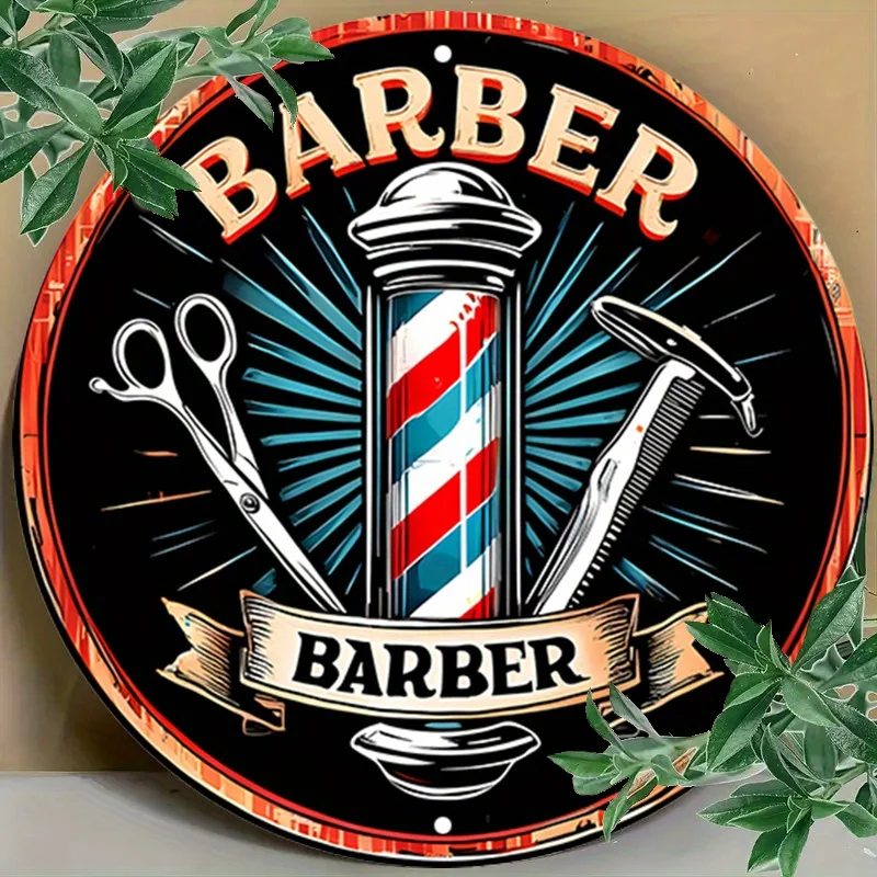 [مسطح 21D] قطعة واحدة من لافتة ألومنيوم مستديرة لصالون الحلاقة - ديكور حائط معدني مستوحى من الطراز القديم مع مقص، ورسوم توضيحية لشفرات الحلاقة، P