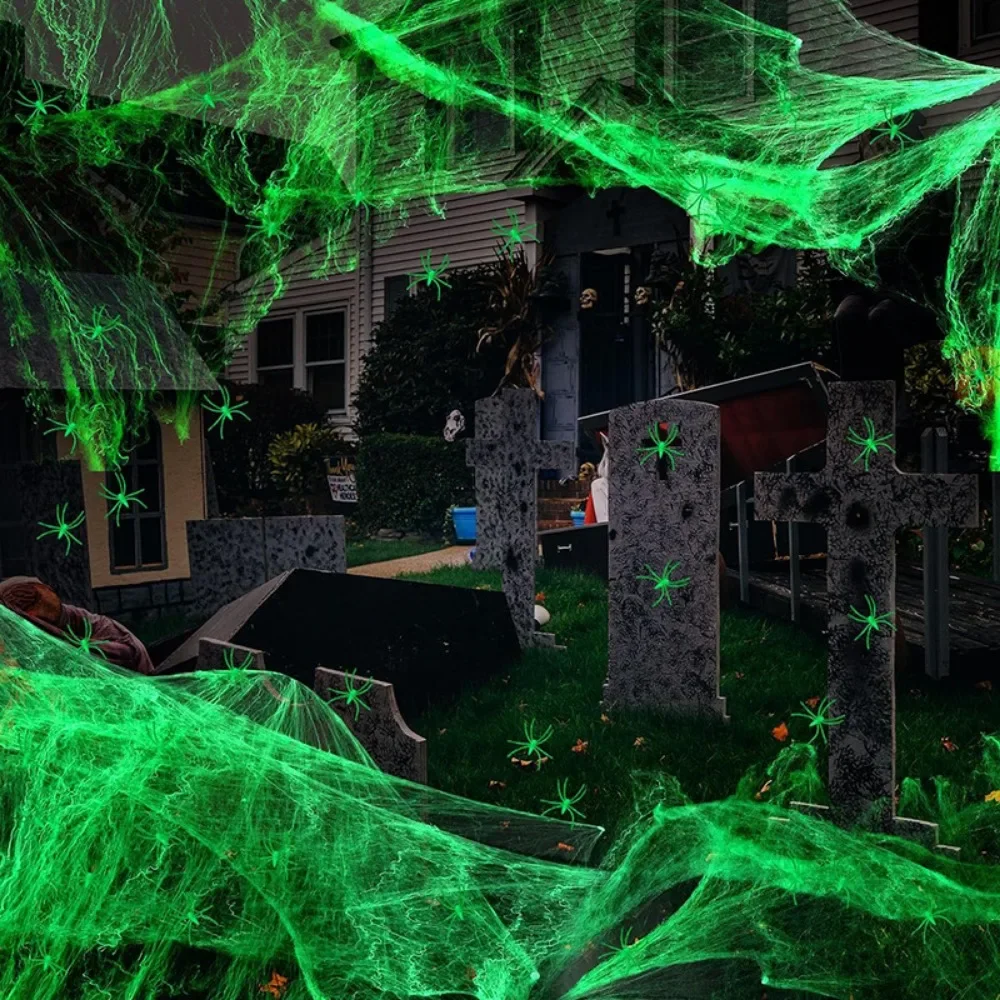 New Luminous Spider Web Stretchy Artificial Cobweb with Fake Spiders Halloween Decorations Outdoor Horror Haunted House Decor