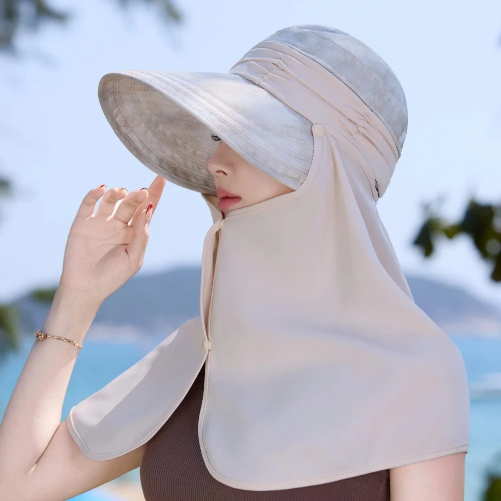 

Windproof Rope Wide-Brimmed Shawl Fisherman Hat Sunscreen Solid Color Mask Hat Polyester Soft Sunshade Sun Hat Summer