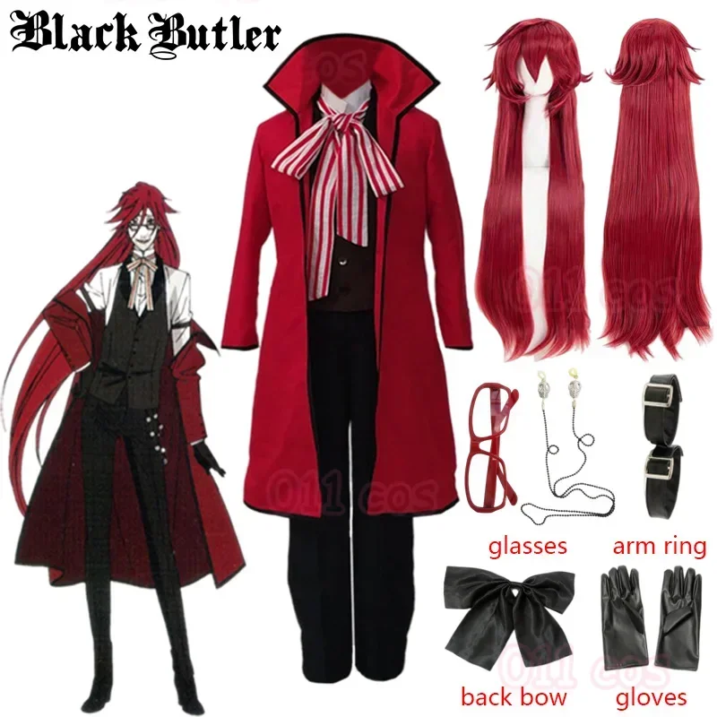 Anime Black Butler Cosplay Costumes Death Shinigami Grell Sutcliff Red Uniform Outfit Glasses Carnaval Halloween For Women M MN8