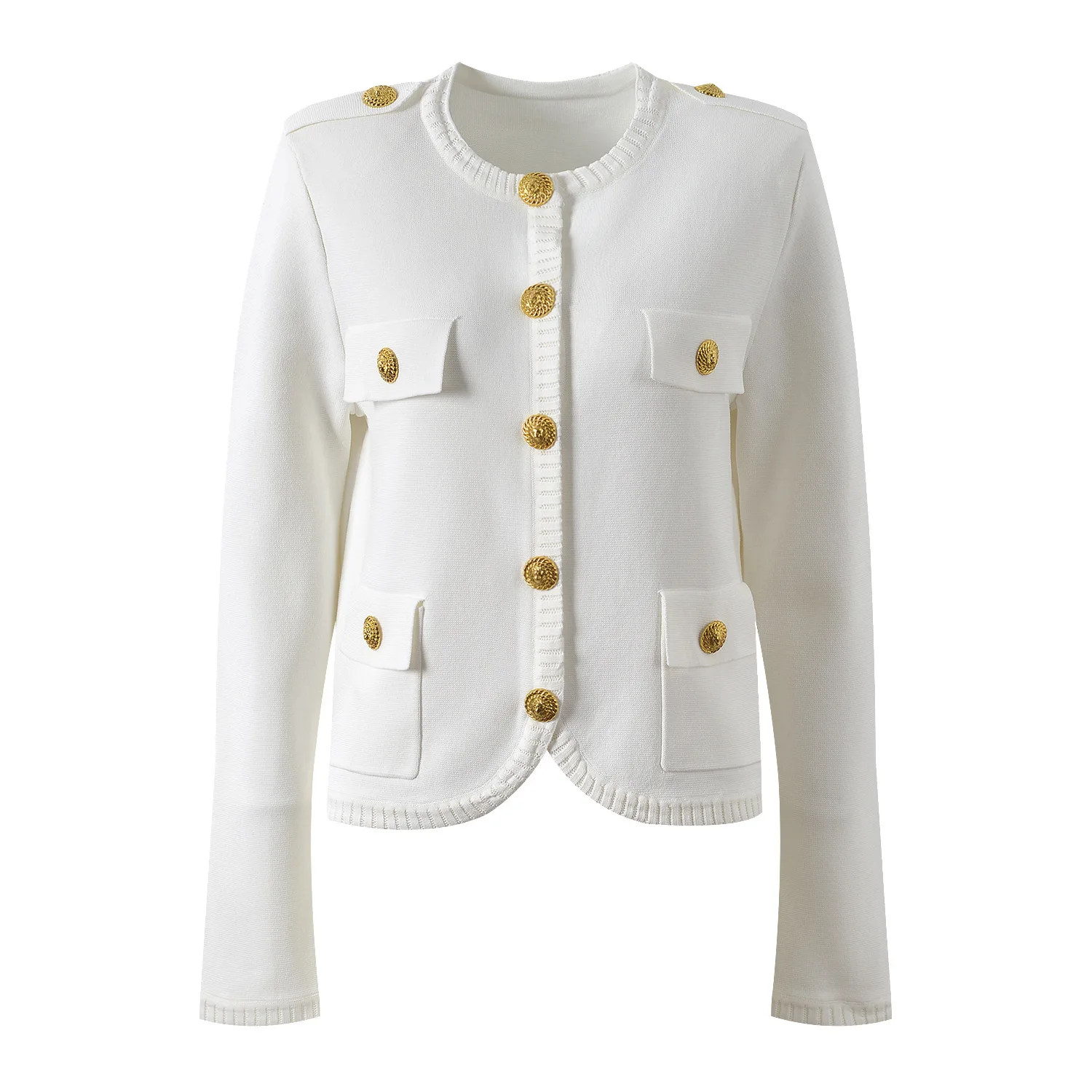 

High-End Version Parisian Sle Knitted Long Sve round Ne ort Outerwear Jaet for Women Golden Bule Open Cardigan