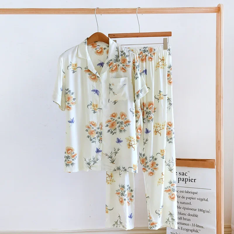 

2025 New Spring/Summer Women's Pajama Set with Viscous Fiber Thin Short Sleeves and Long Pants, Two Piece Home Furnishing Set