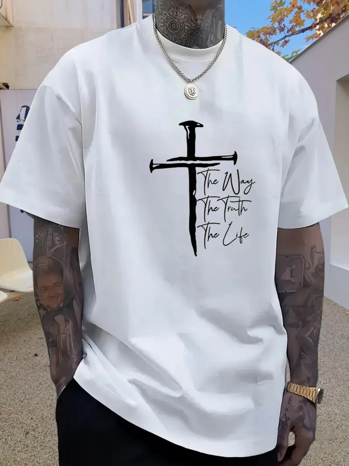 Men's 100% Cotton Crew Neck Tee Nail Cross Faith Religious Graphic Print, Casual Loose‑Fit Daily Street Fashion Short Sleeve Top