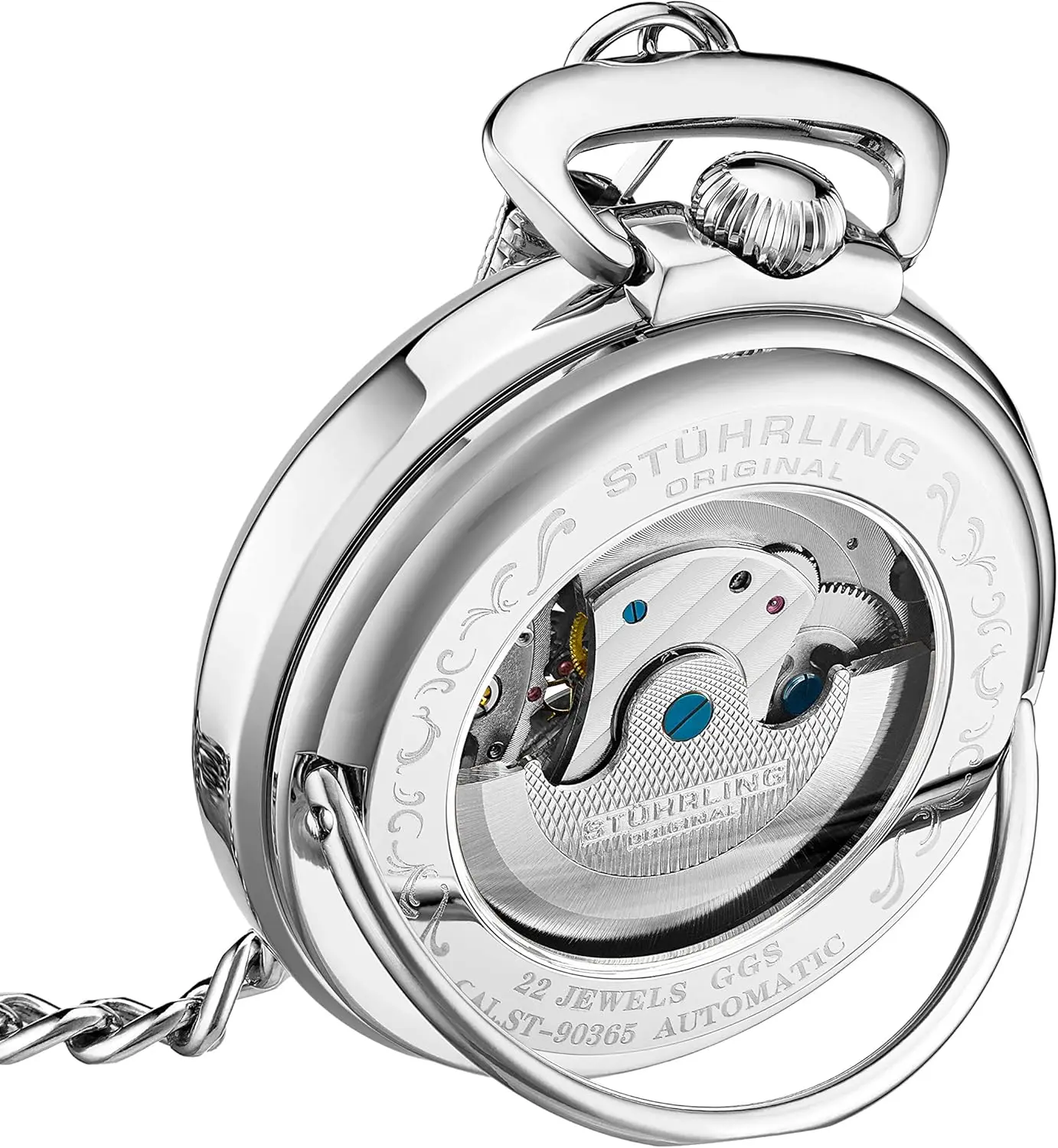 ساعة جيب هيكل عظمي أوتوماتيكية للرجال مع توقيت مزدوج وسلسلة من الفولاذ المقاوم للصدأ - قرص Sun Moon Subdial