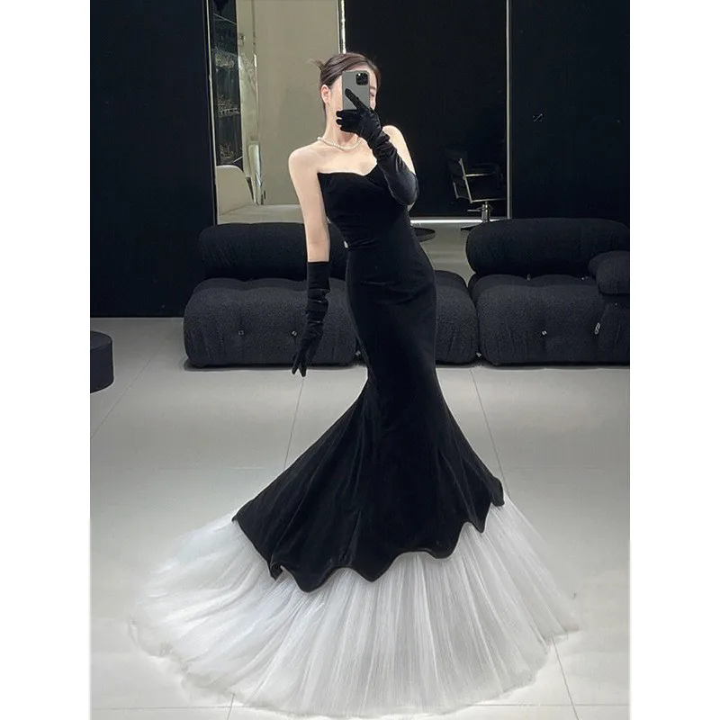 Vestido de cola de pez para banquete de terciopelo vintage tostado