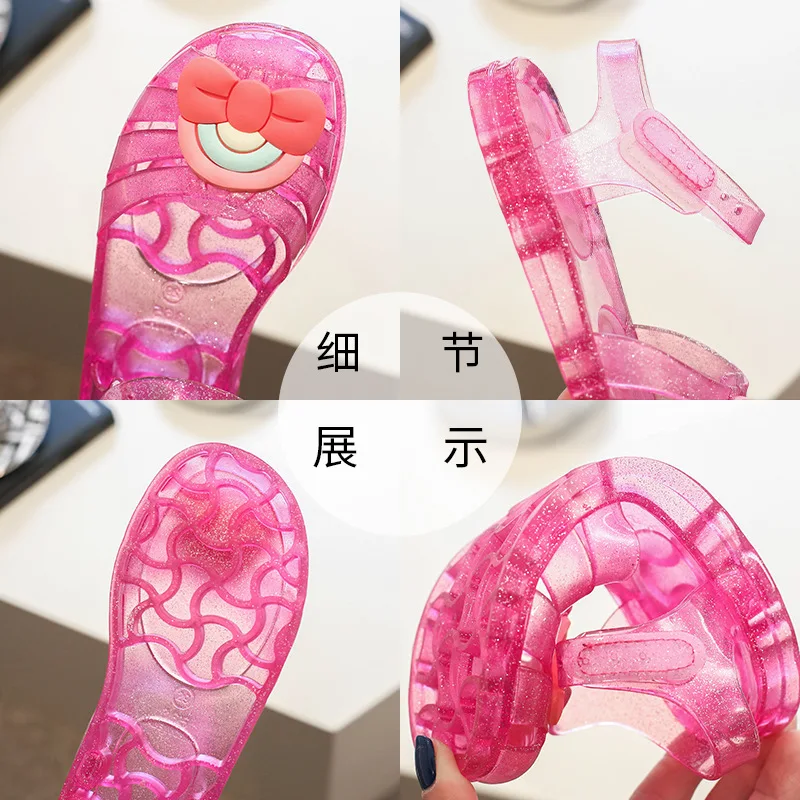 Summer New Children Sandal Slippers Girls Rainbow Bow Cartoon Crystal Jelly Sandal Princess Shoes Baby Kids Roman Beach Shoes