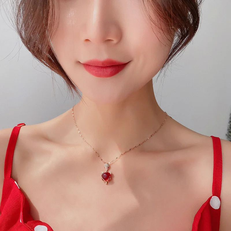 Fashion Cute Colorful Stone Fox with Zircon Necklace for Women Vintage Stainless Steel Chain Party Accessories Jewelry Gifts