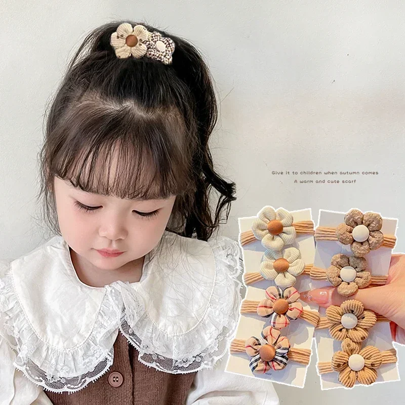 2 Pcs/Set New Children Cute Brown Striped Ornament Hair Bands Baby Girls Scrunchies Soft Flower Hair Bands Kids Hair Accessories