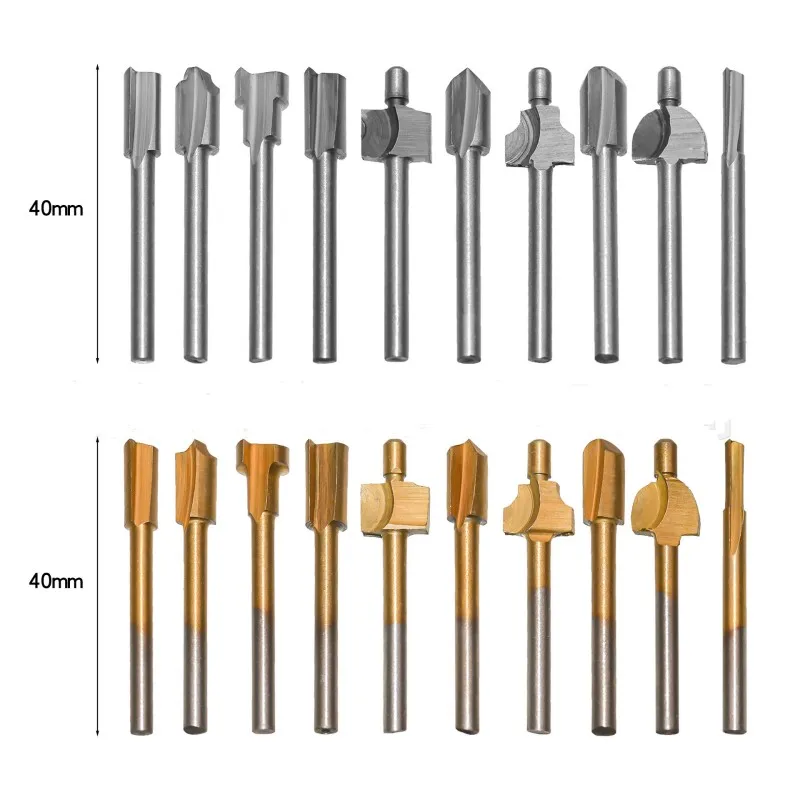 10pcs Router Bits HSS Woodworking Tools Shank Wood Carving Engraving Set Titanium Milling Cutter Carpenter Rotary Tool Accessory